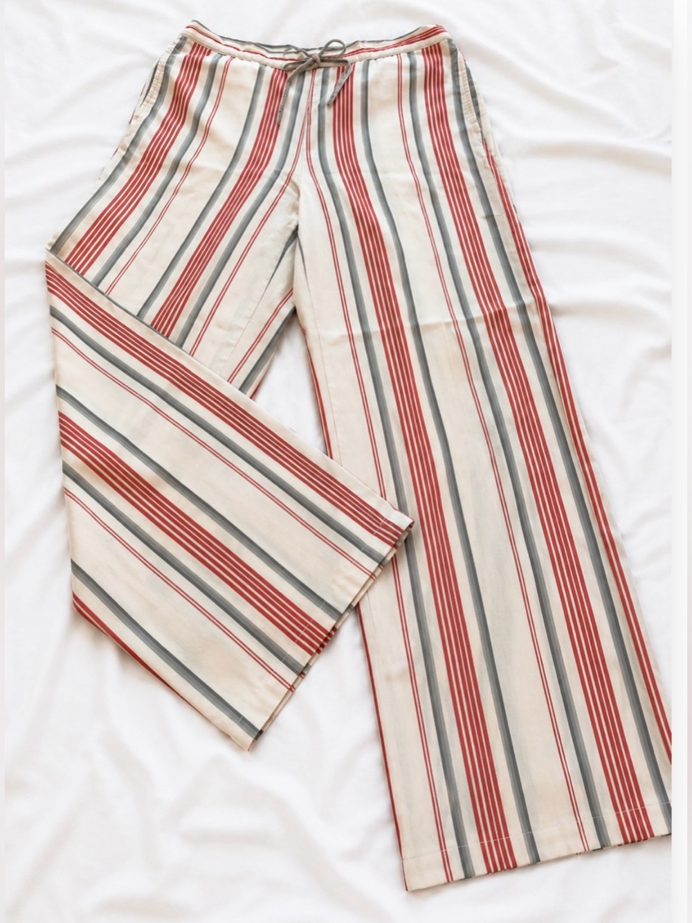 DKNY Classic Vintage Cotton Wide Leg Pants Striped Ivory Red Blue Size Medium